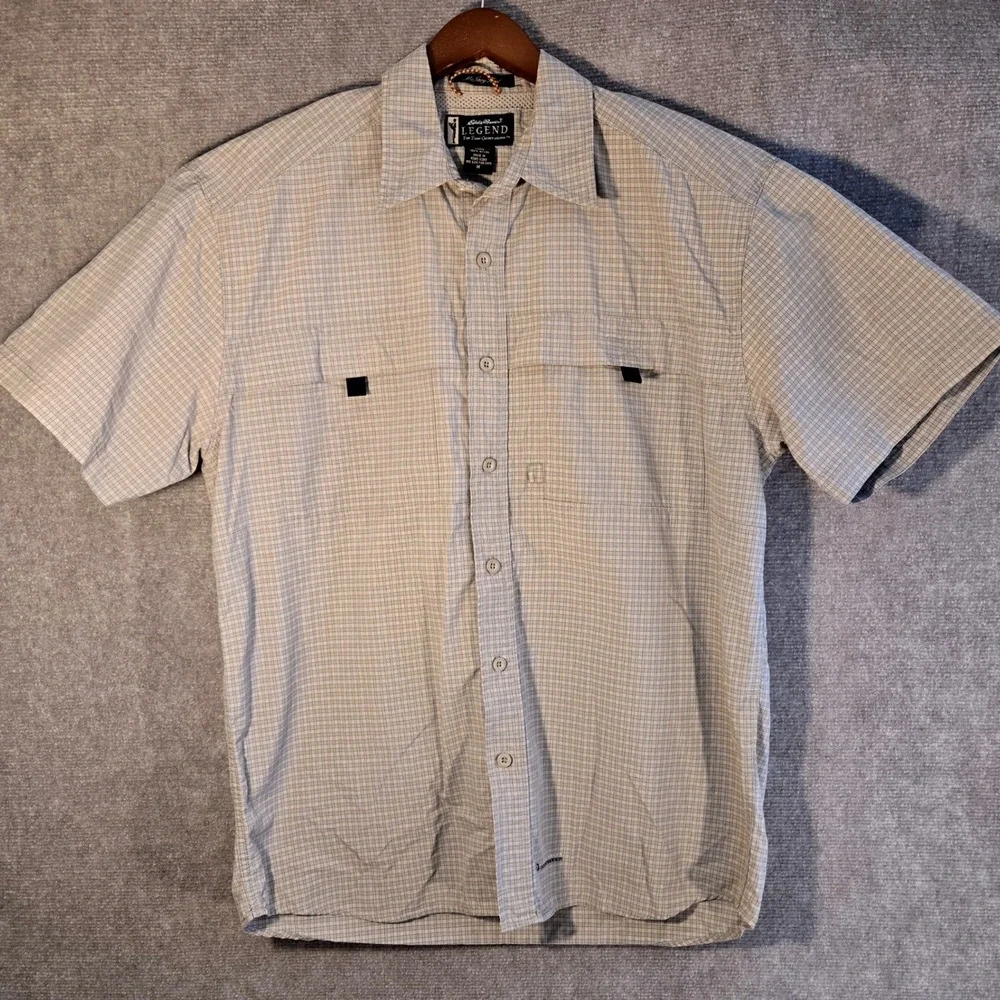 Eddie Bauer Legend Earthtech McNary Short Sleeve Medium Tan Plaid Fishing Vented